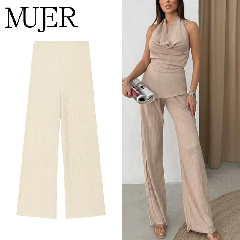 MUJER 2025 Women's Pants Sets Textured High Waist Pants for Women Summer Loose Pants Woman Streetwear Casual Trousers Womens