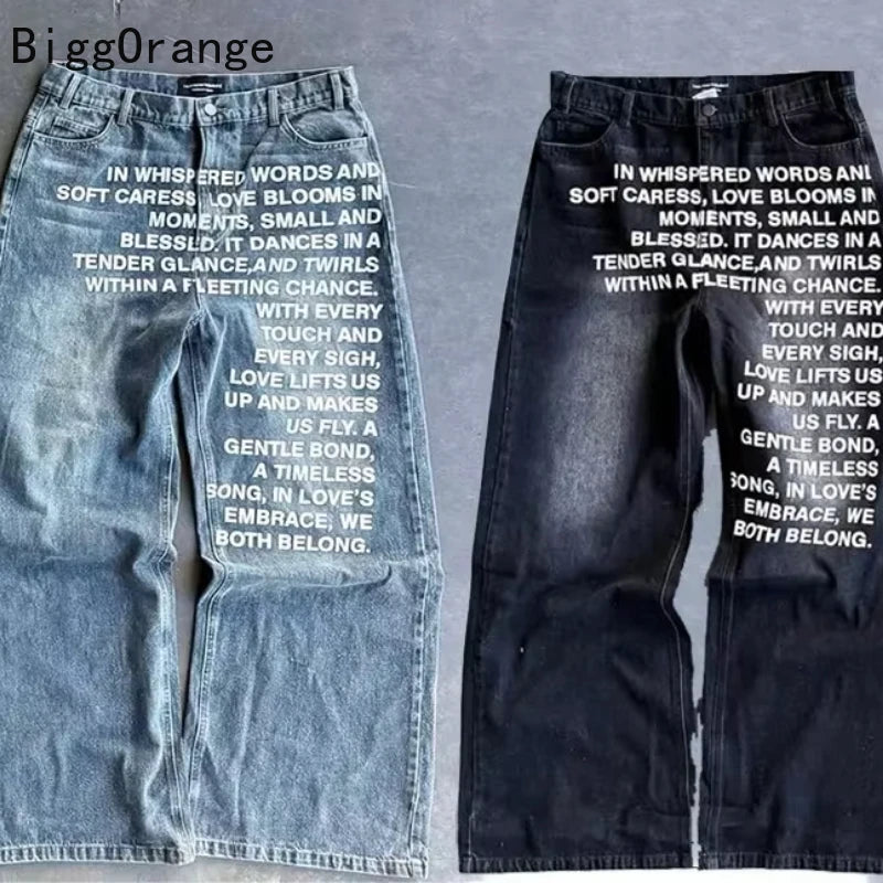 2025 American Fashion Jeans Letter Printing Pattern High Street Casual Wide Legs Y2K Men's Retro Gothic Trendy Casual Pants